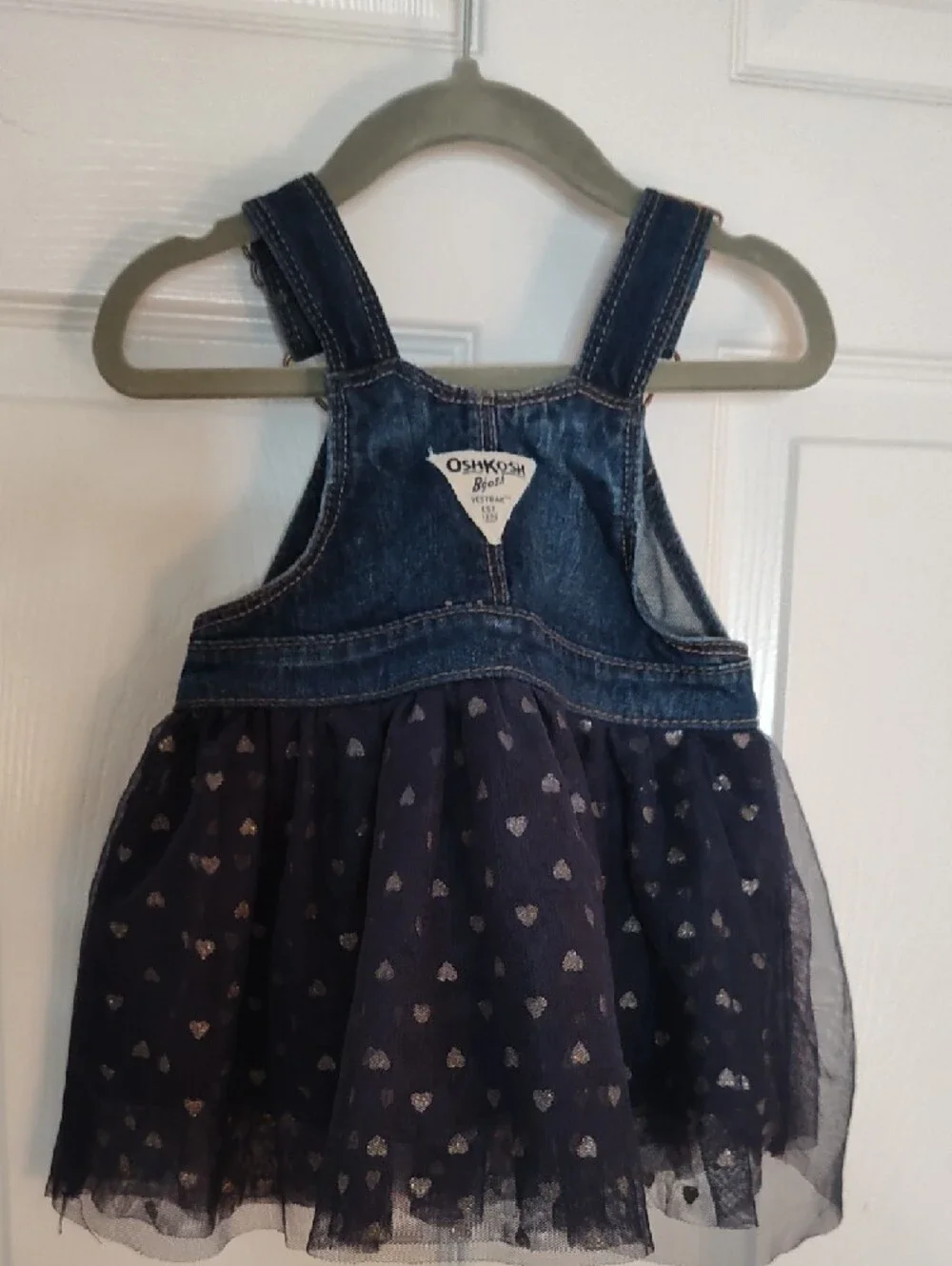 OshKosh B'gosh Navy Denim Overall Dress with Silver Heart Tulle
